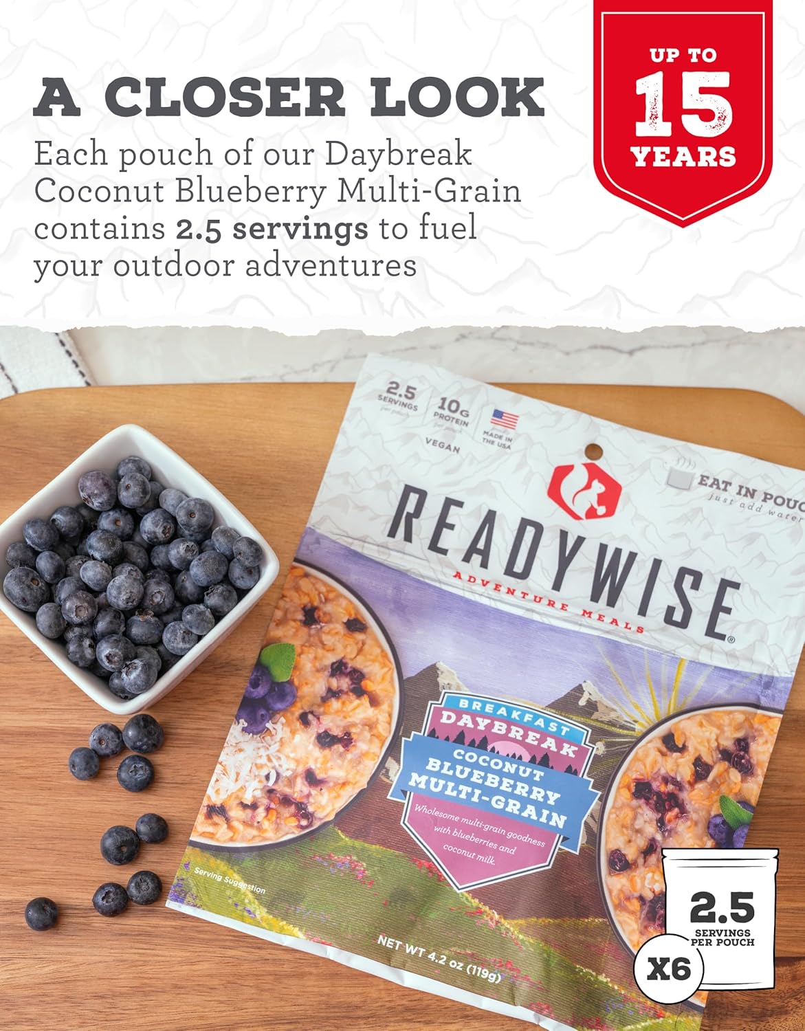 ReadyWise – Multigrano de arándano y coco (6 unidades), alimentos liofilizado para viajes de mochilero y campamentos, 15 porciones, producto vegano