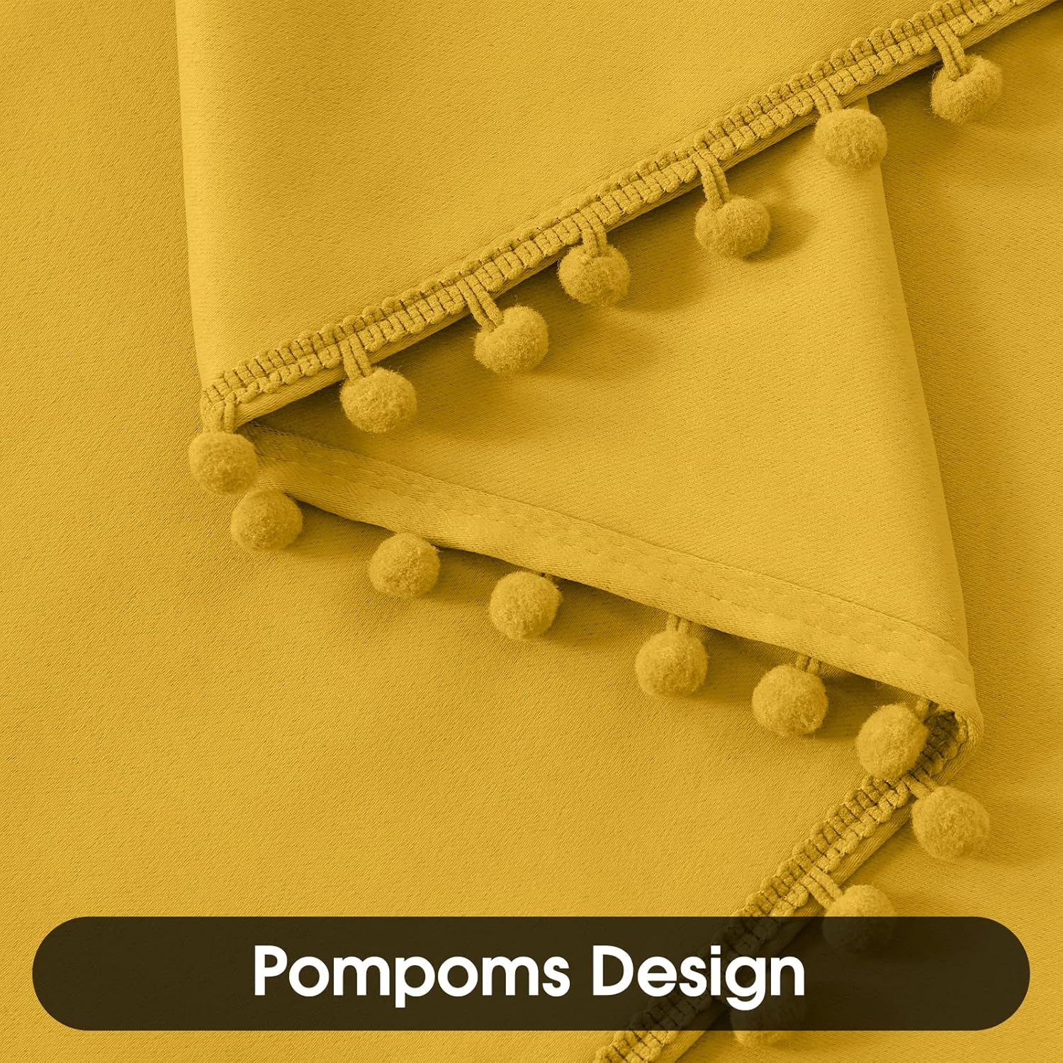 HOMEIDEAS Cortinas opacas con pompones, color amarillo mostaza, de 52 x 63 pulgadas, bonitas cortinas para niños, cuarto de bebé, con ojales, para
