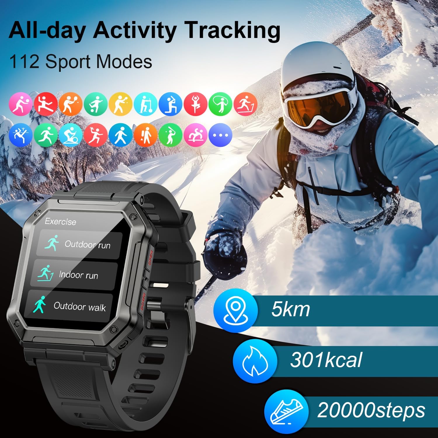 Reloj inteligente para hombre, rastreador de ejercicios (llamadarespuesta de llamadas) Bluetooth Militar Smartwatch para teléfonos Android, iPhone,