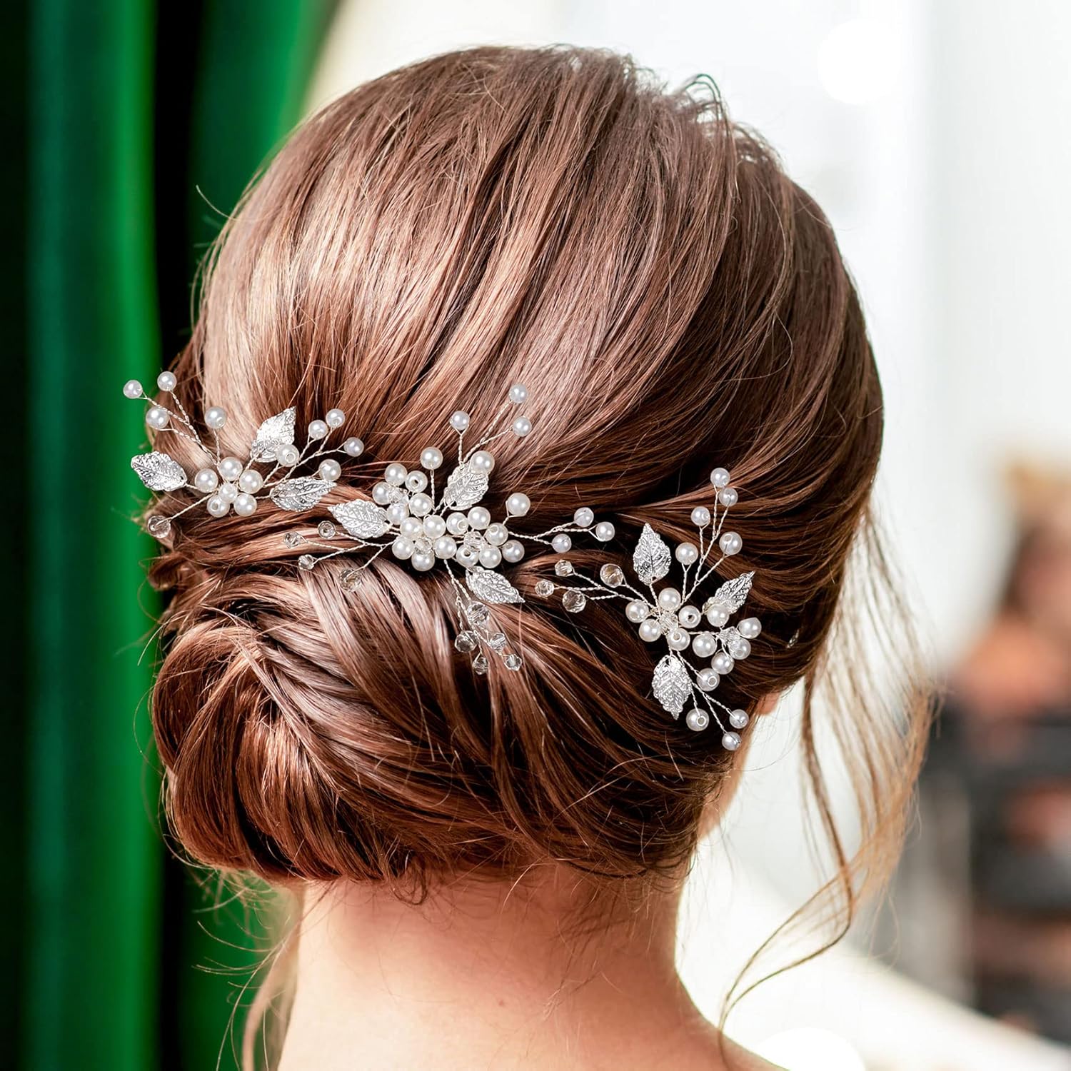 ANCIRS Paquete de 3 alfileres de peinado de boda con perlas, estilo vintage con hojas de novia, accesorios para el cabello de flores con diamantes