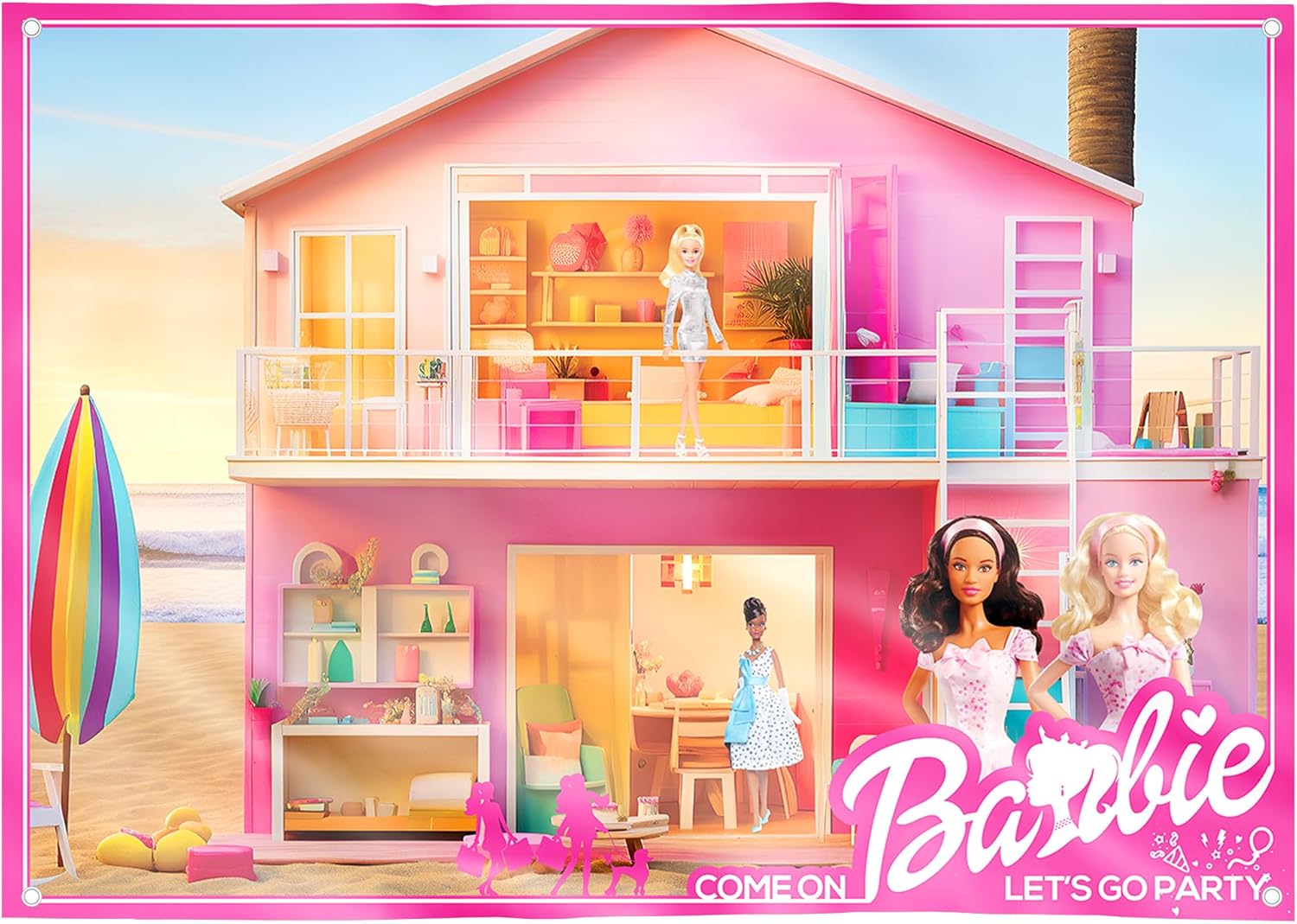 Telón de fondo rosa de muñeca niña de 7 x 5 para fiesta de cumpleaños, tela textil con ojales temáticos para películas, cabina de fotos, accesorios