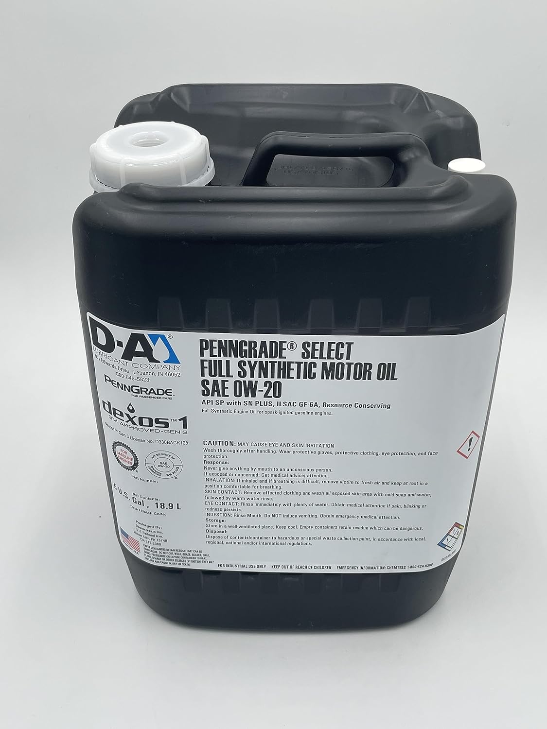 Aceite de motor PennGrade  Lubricantes D-A  Aceite de motor sintético completo seleccionado  SAE 0W20  5 galones con grifo dispensador  Caja de