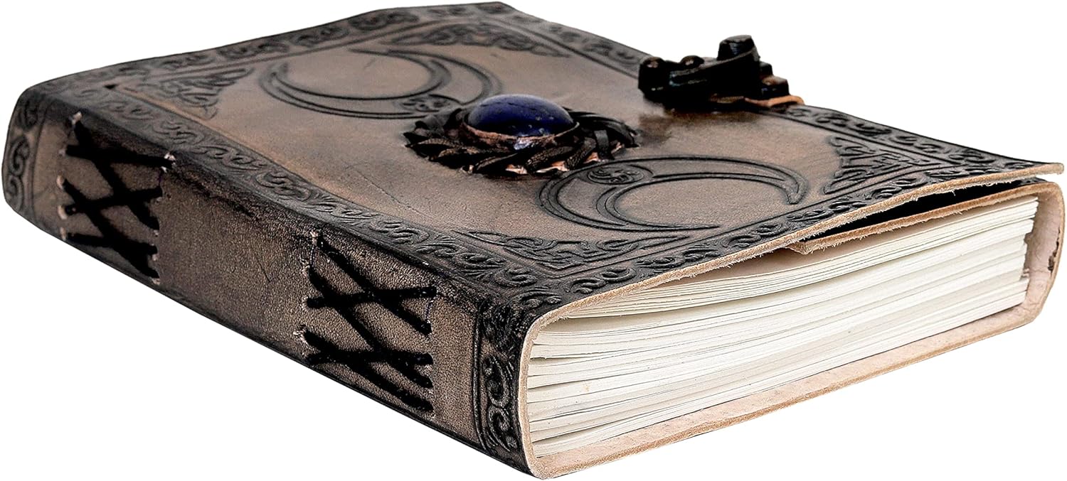 AzureGreen – 3 Moon Black Lapiz Journal – Gemstone Studded Handmade Vintage Writing Notebook, Unlined (Vintage Off-white, 3 Moon Plain Paper)