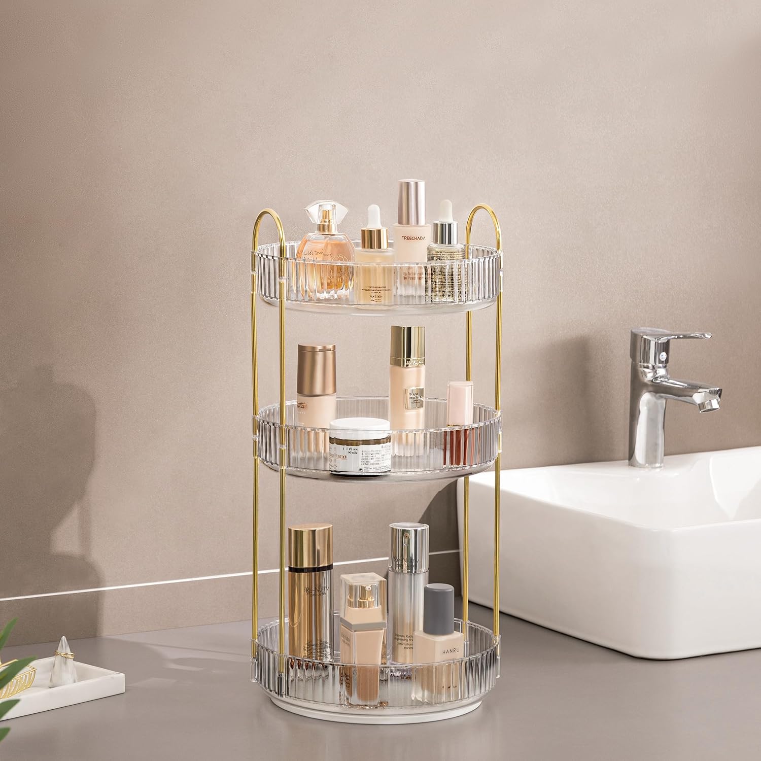 Organizador de maquillaje giratorio de 360 grados para encimera, organizador de baño transparente de 3 niveles, organizadores de perfume giratorio,