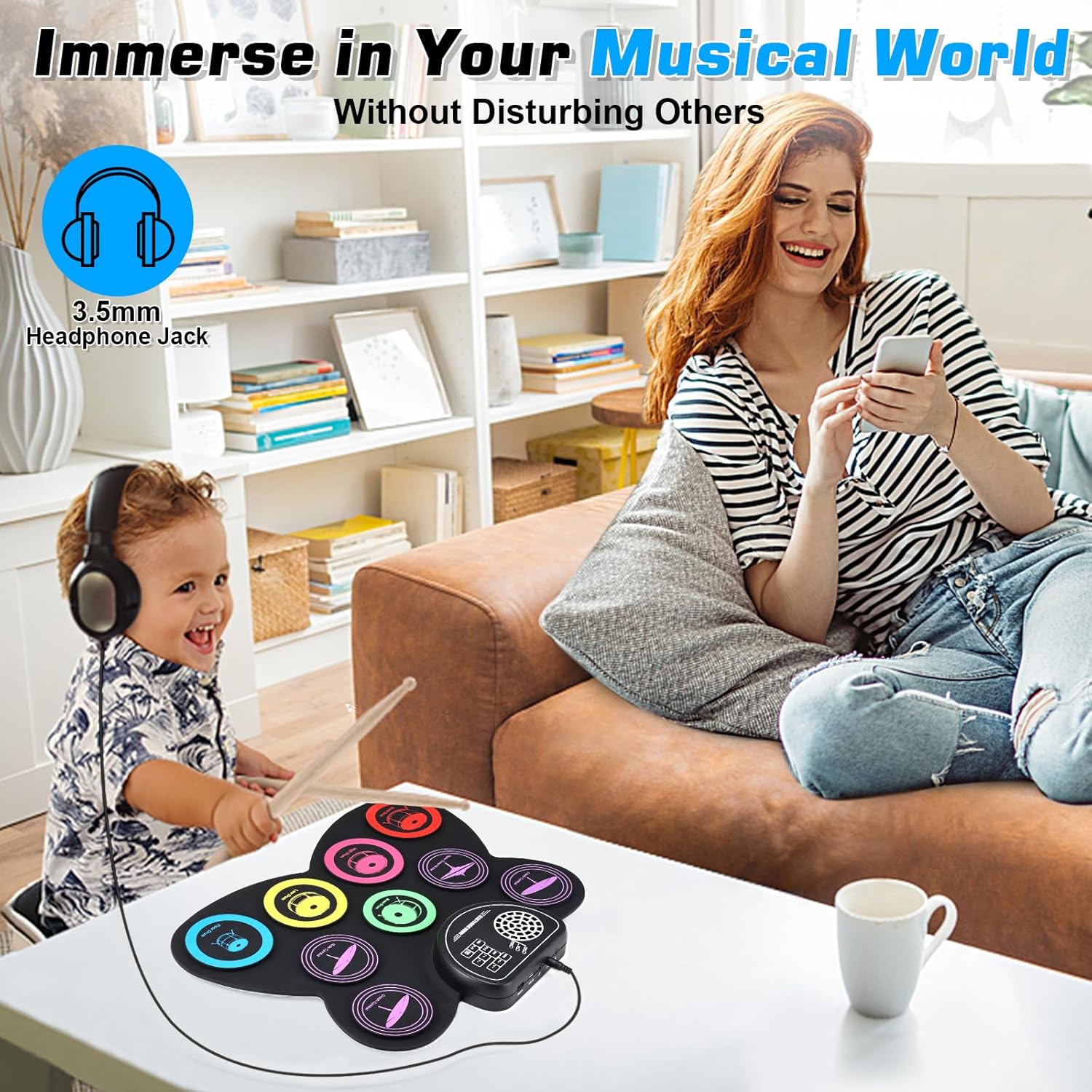 Anpro Juego de batería eléctrica, 9 almohadillas de batería con conector para auriculares, kit de batería electrónica enrollable con pedales de