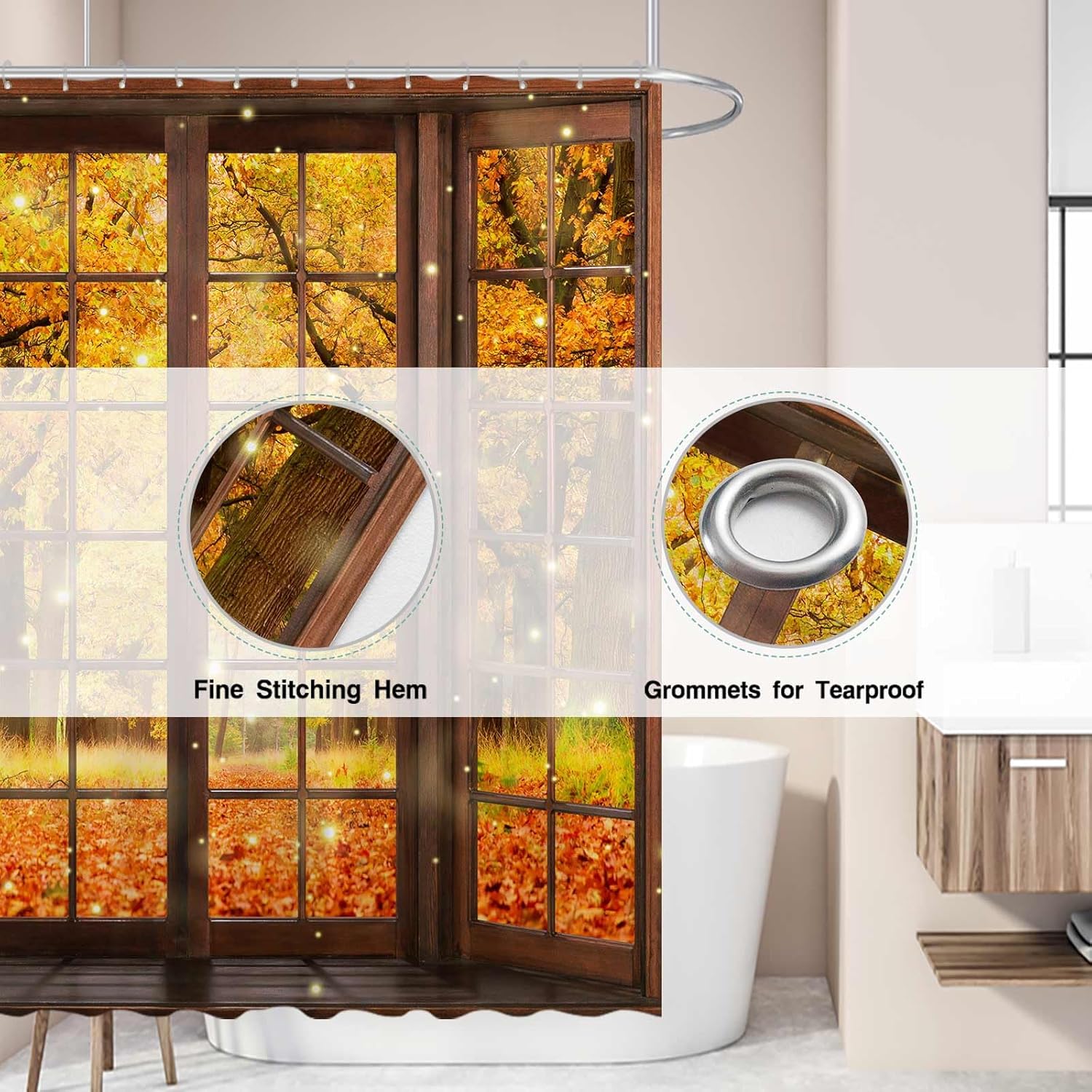Allenjoy Cortina de ducha de otoño de 72 x 72 pulgadas, hojas de arce otoñal, bosque, tinas de baño, juego de decoración de cortina de baño, tela de