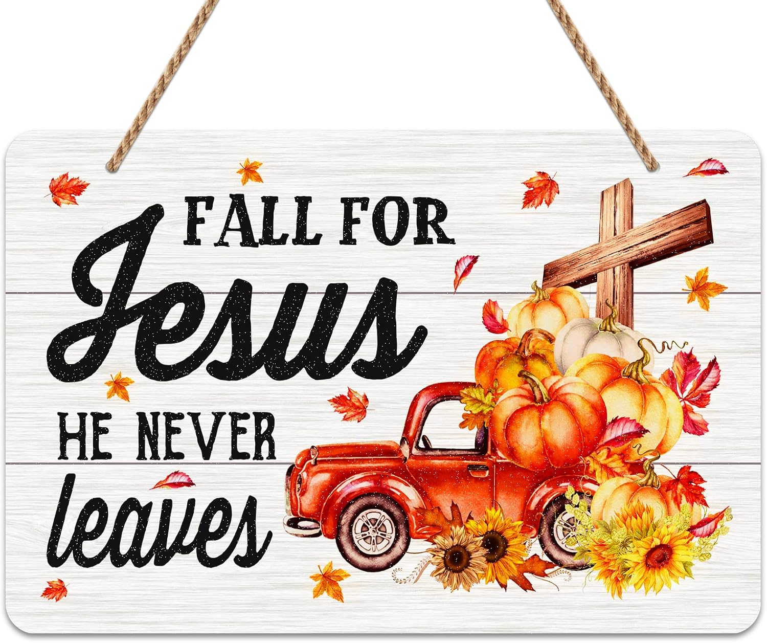 WhatSign Letrero decorativo con texto en inglés “Fall for Jesus He Never Lees” para el hogar, hojas de arce cristianas, calabaza, Jesús, decoración