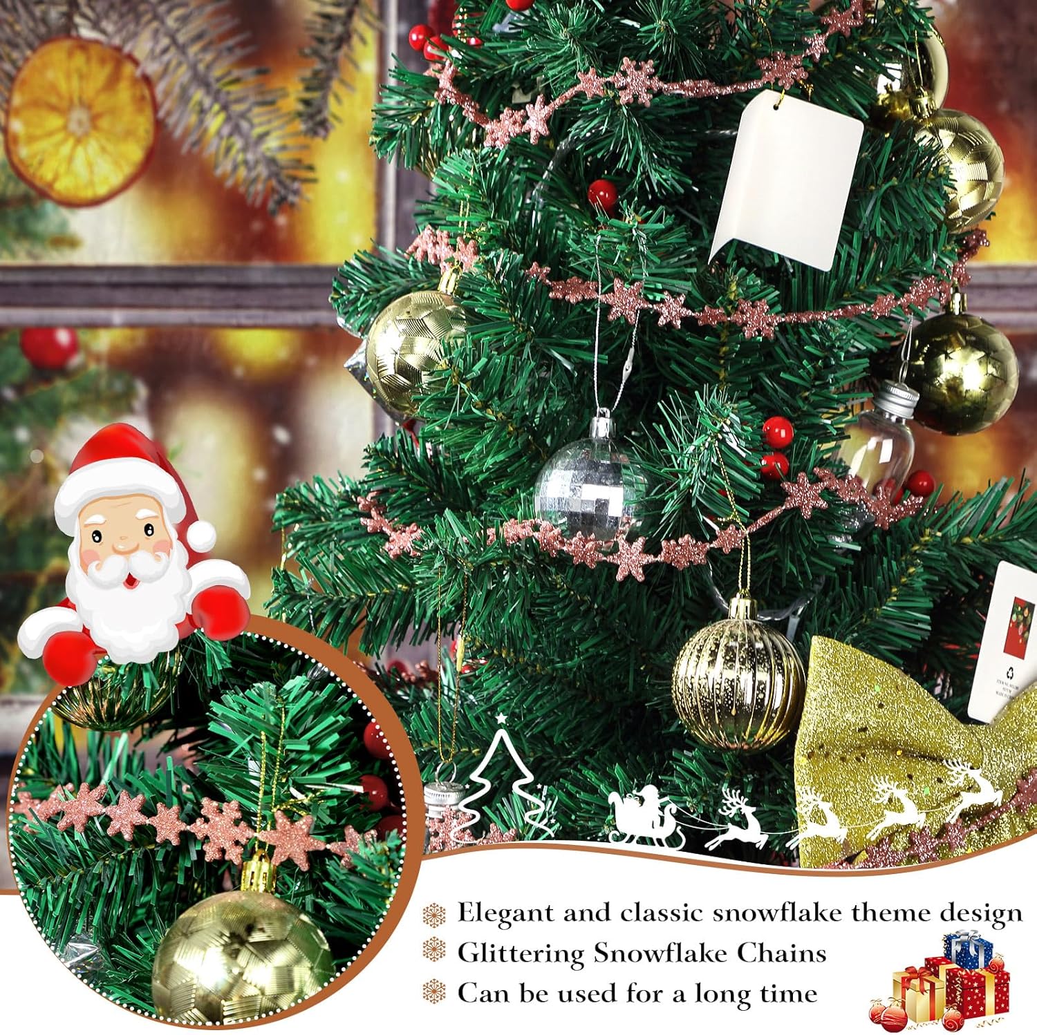 Boao Guirnalda colgante de copo de nieve de 32.8 pies, decoración de árbol de Navidad, guirnalda de copos de nieve de invierno con purpurina,