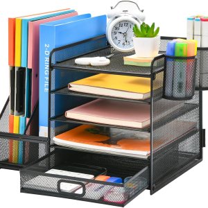 Marbrasse Organizador de escritorio con soporte para archivos, organizador de bandeja de papel de 5 niveles con cajón y 2 soportes para bolígrafos, Marbrasse Organizador de escritorio con soporte para archivos, organizador de bandeja de papel de 5 niveles con cajón y 2 soportes para bolígrafos,