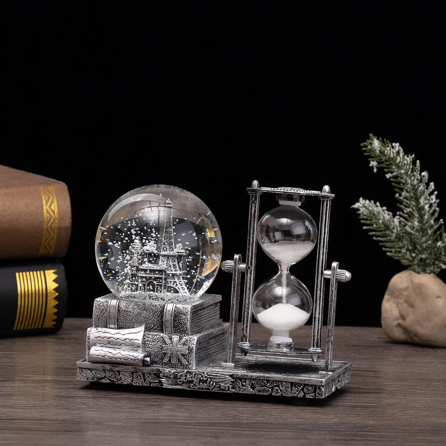 Globo de nieve antiguo con temporizador de reloj de arena LED musical de cristal de nieve caja de música coleccionable, reloj de arena temporizador