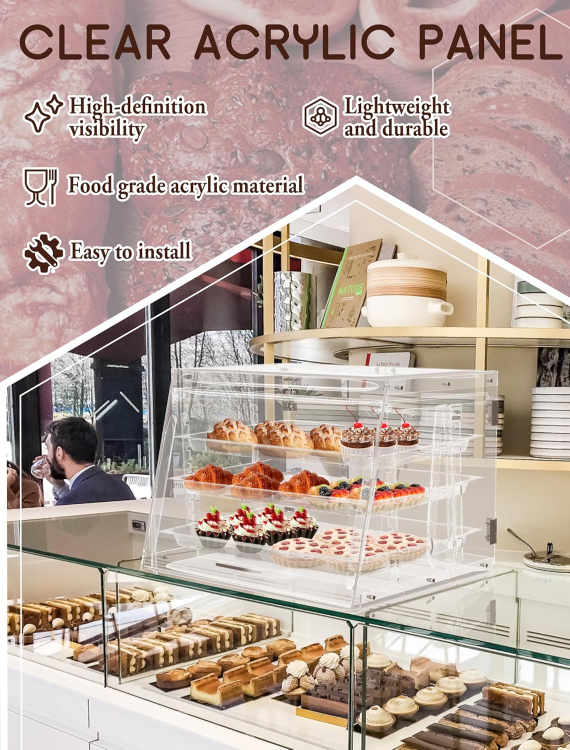 Estuche de exhibición de pastelería, caja de pan transparente, vitrina de panadería extraíble de 3 niveles con pinza para pan, vitrina comercial