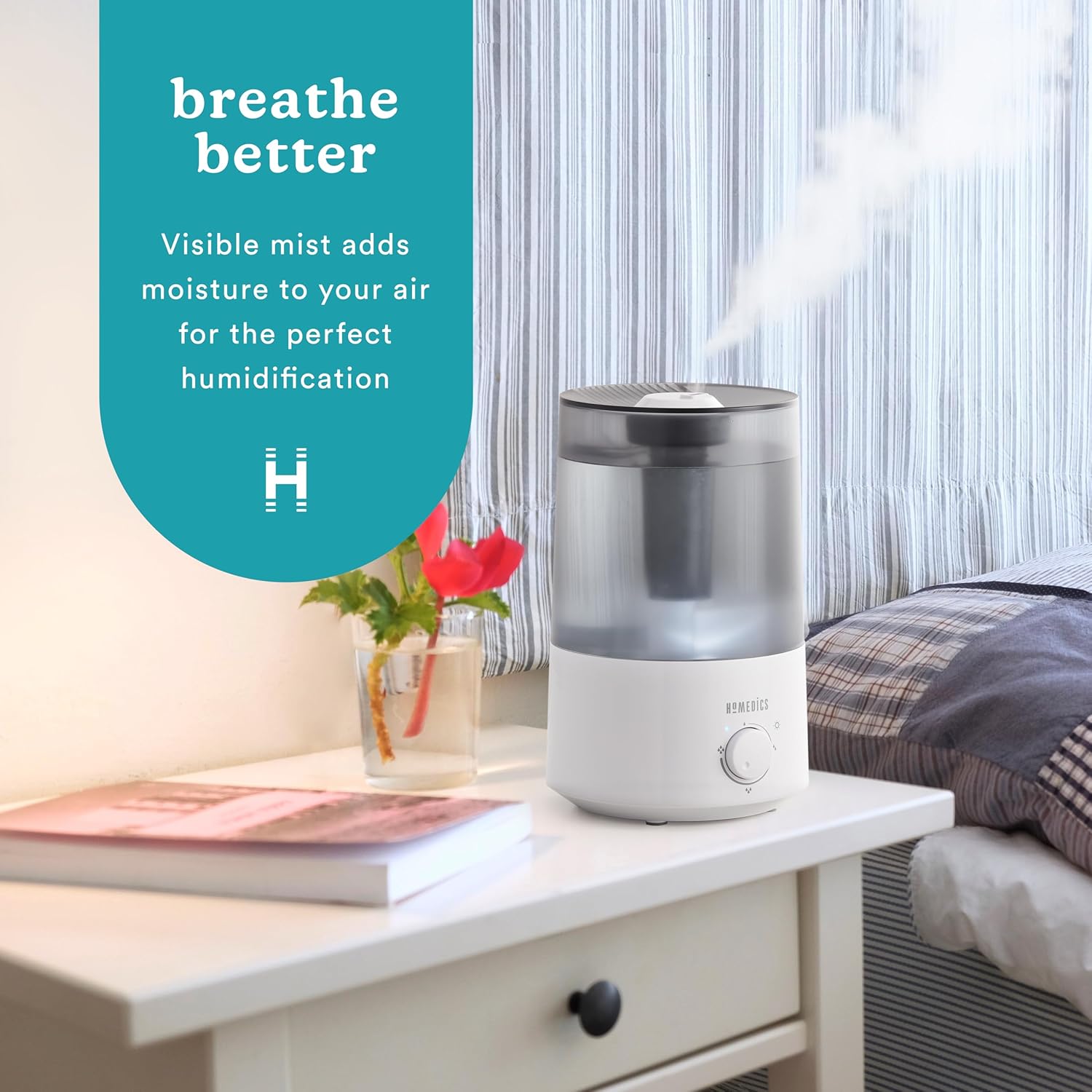 Homedics TotalComfort Humidificador ultrasónico  Humidificadores de aire grandes para dormitorio, plantas, tanque de agua de 0.85 galones de llenado