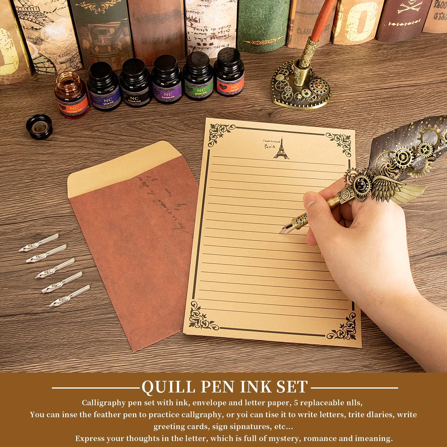 NC Juego de bolígrafo y tinta, juego de tinta de plumas, juego de sellos de cera, juego de bolígrafos de caligrafía de plumas, regalo del día de San