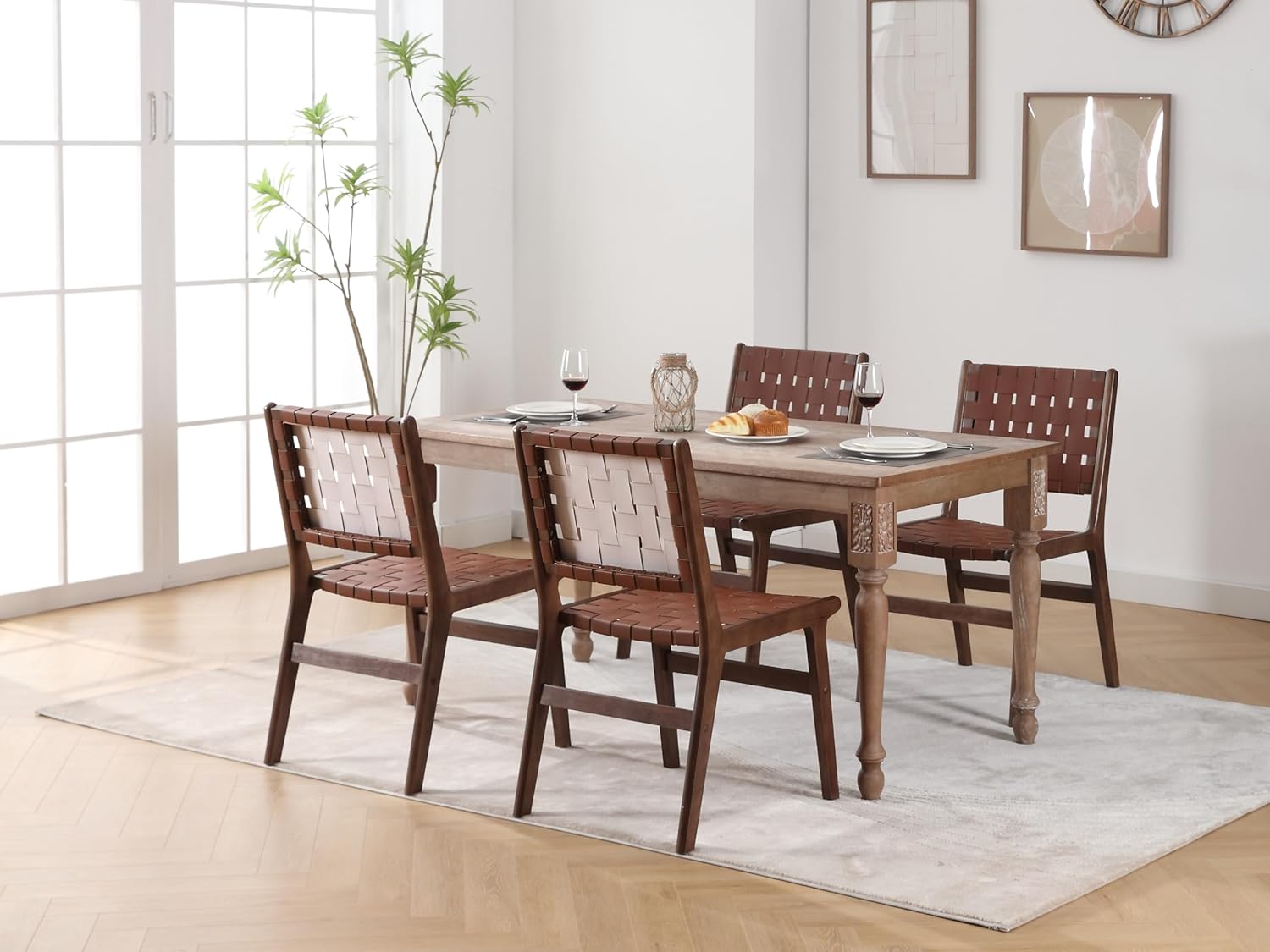 ABET Juego de 2 sillas de comedor de cuero marrón para cocina, sillas de comedor sin brazos de cuero sintético tejido de granja, silla moderna