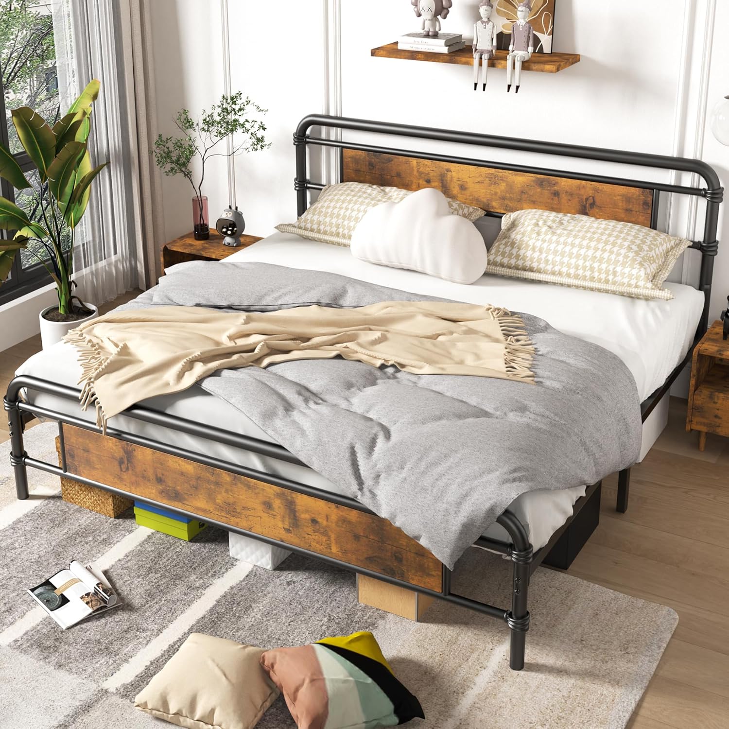 Base de cama King con cabecero, base de cama de plataforma pesada con base de metal fuerte, fácil montaje, no necesita somier, marrón vintage