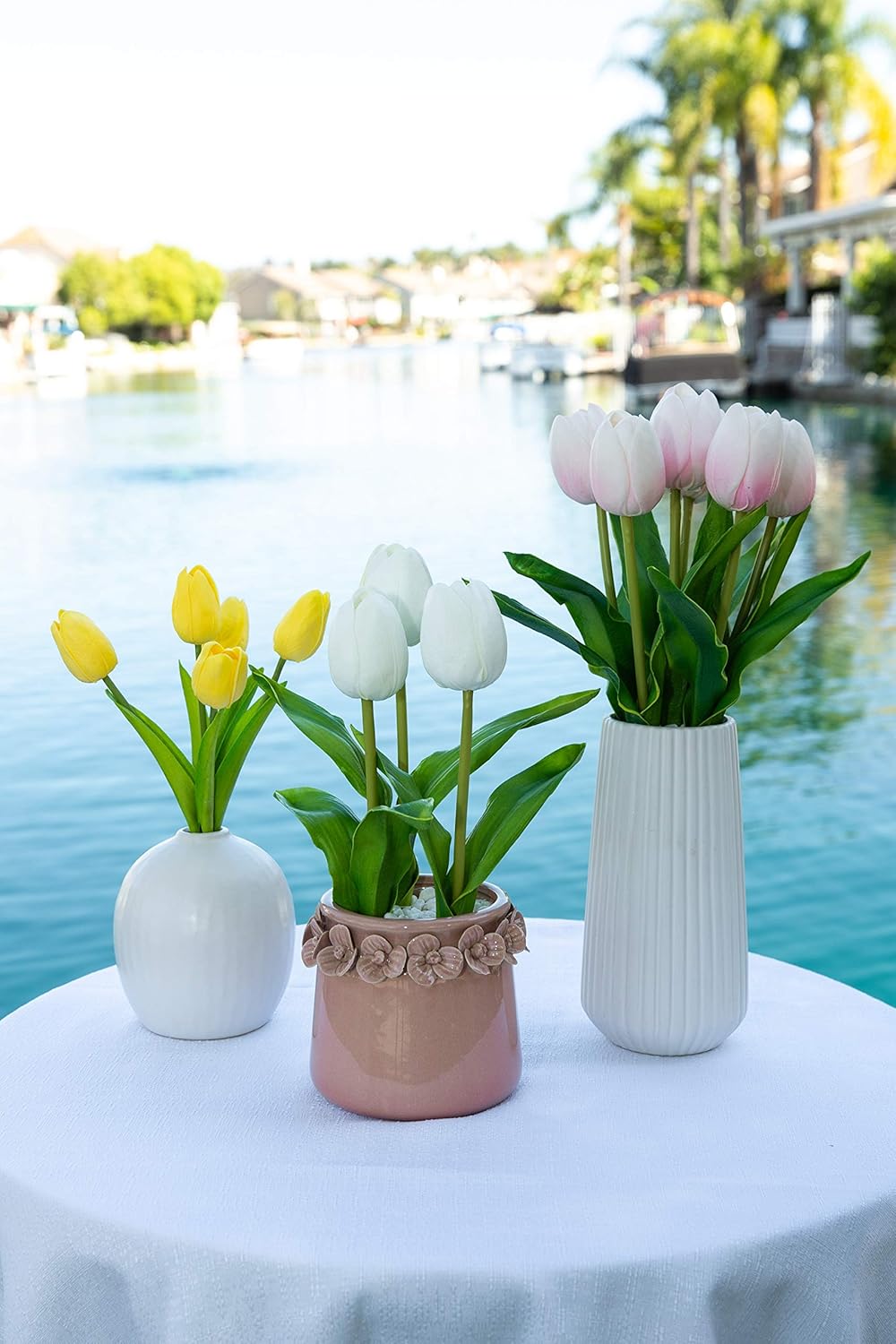 Flora Bunda Artificial Flowers Real Touch Yellow Tulips in 5 in H Ceramic Vase, 11.25 in H include. Matte White Vase, Potted Fake Tulips for Wedding