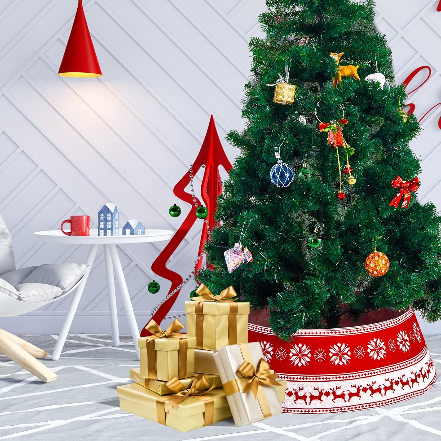 BIGTREE Collar de árbol de Navidad, anillo de árbol de Navidad de 30 pulgadas con alce de punto o a cuadros, base de árbol de Navidad para