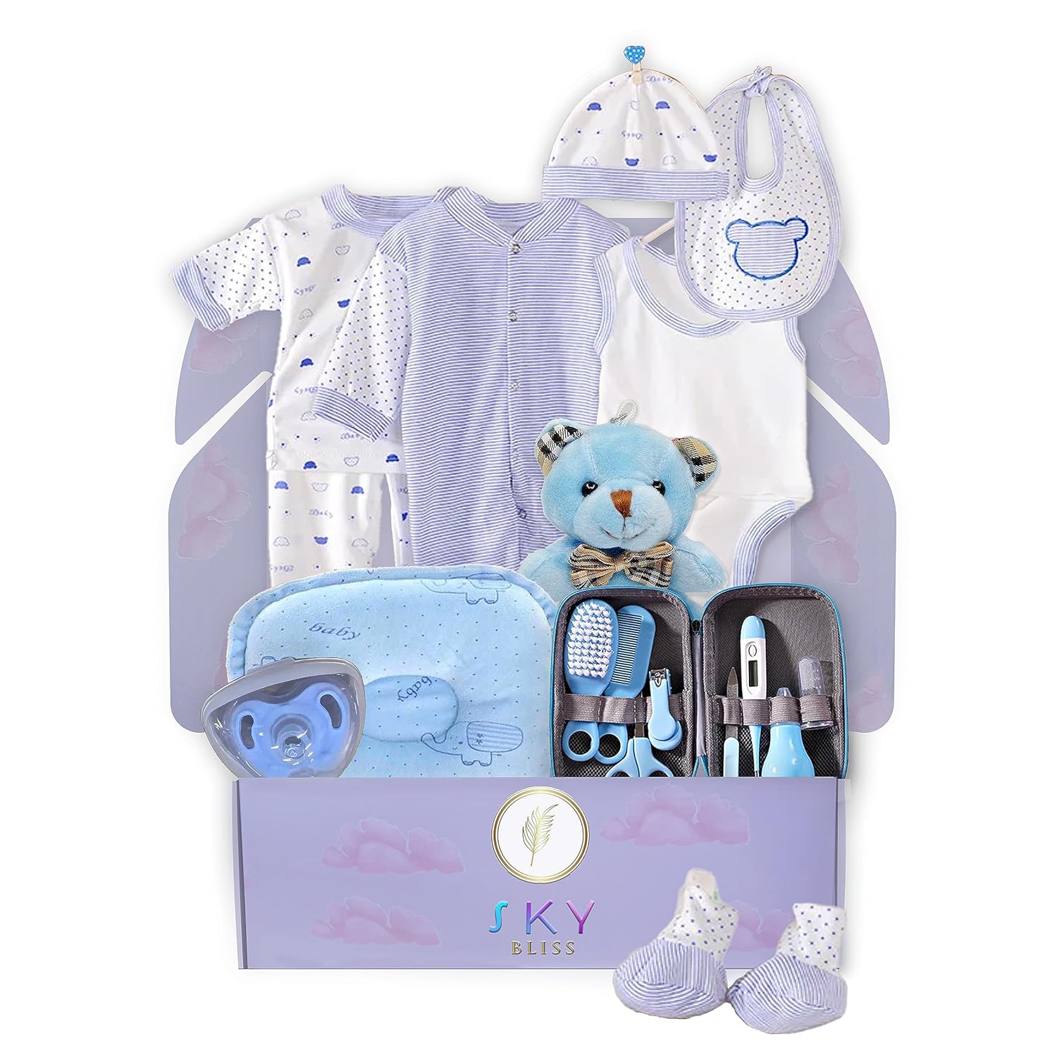 Set de regalo para bebé de 20 piezas (azul), juego de regalo para bebé recién nacido, ropa de bebé, oso de peluche, chupete, kit de aseo para bebé,