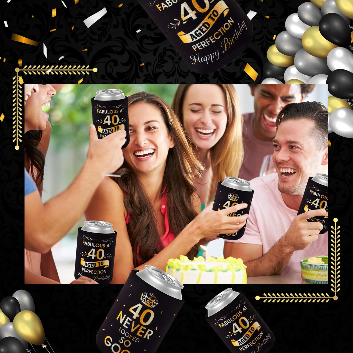 24 piezas de fabulosas decoraciones de cumpleaños 40 para fiestas de cumpleaños de 40 cumpleaños, fundas enfriadoras de latas de bebidas nunca se