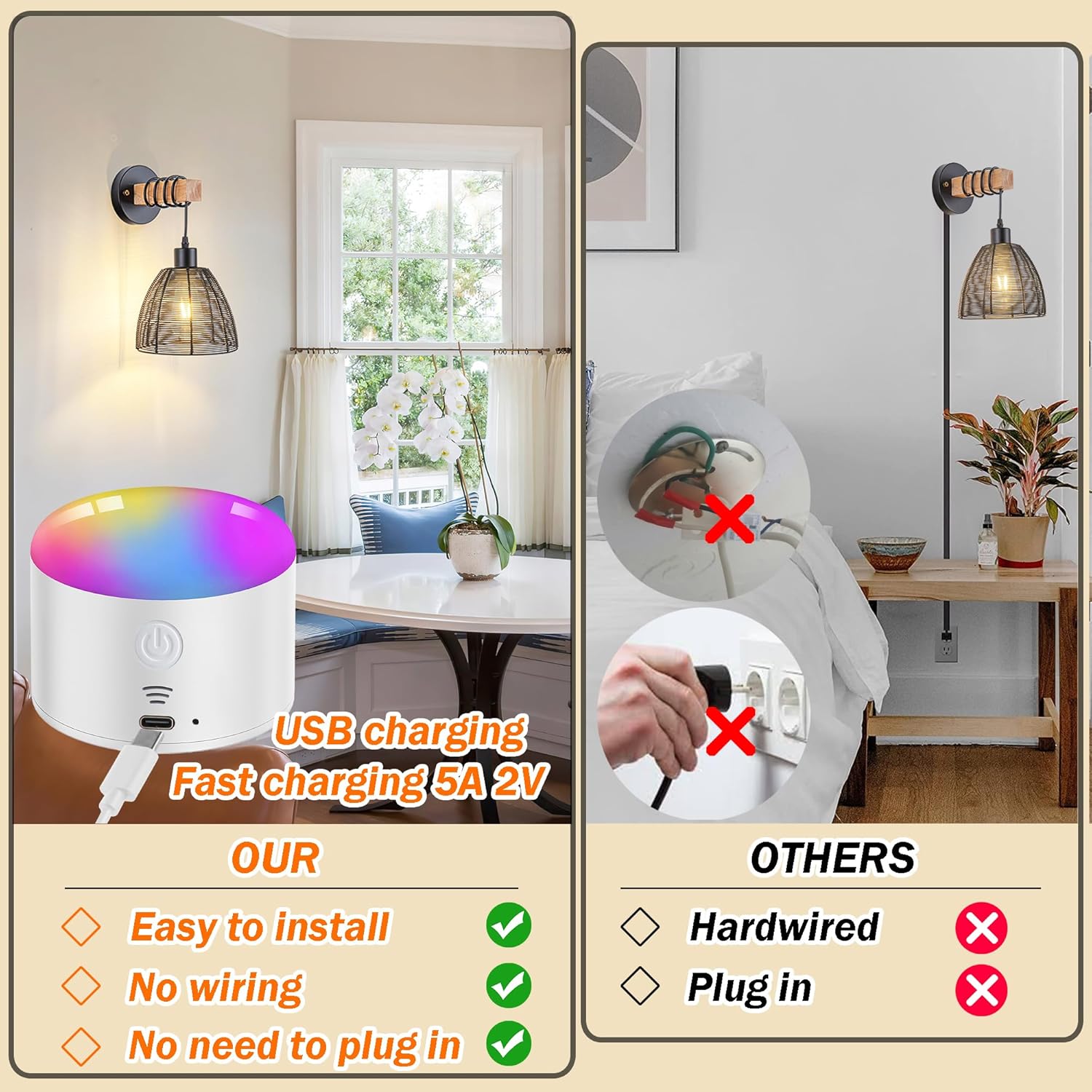 Aplique de pared a pilas, juego de dos apliques de pared inalámbricos con control remoto, luces de pared regulables para interiores con pilas para