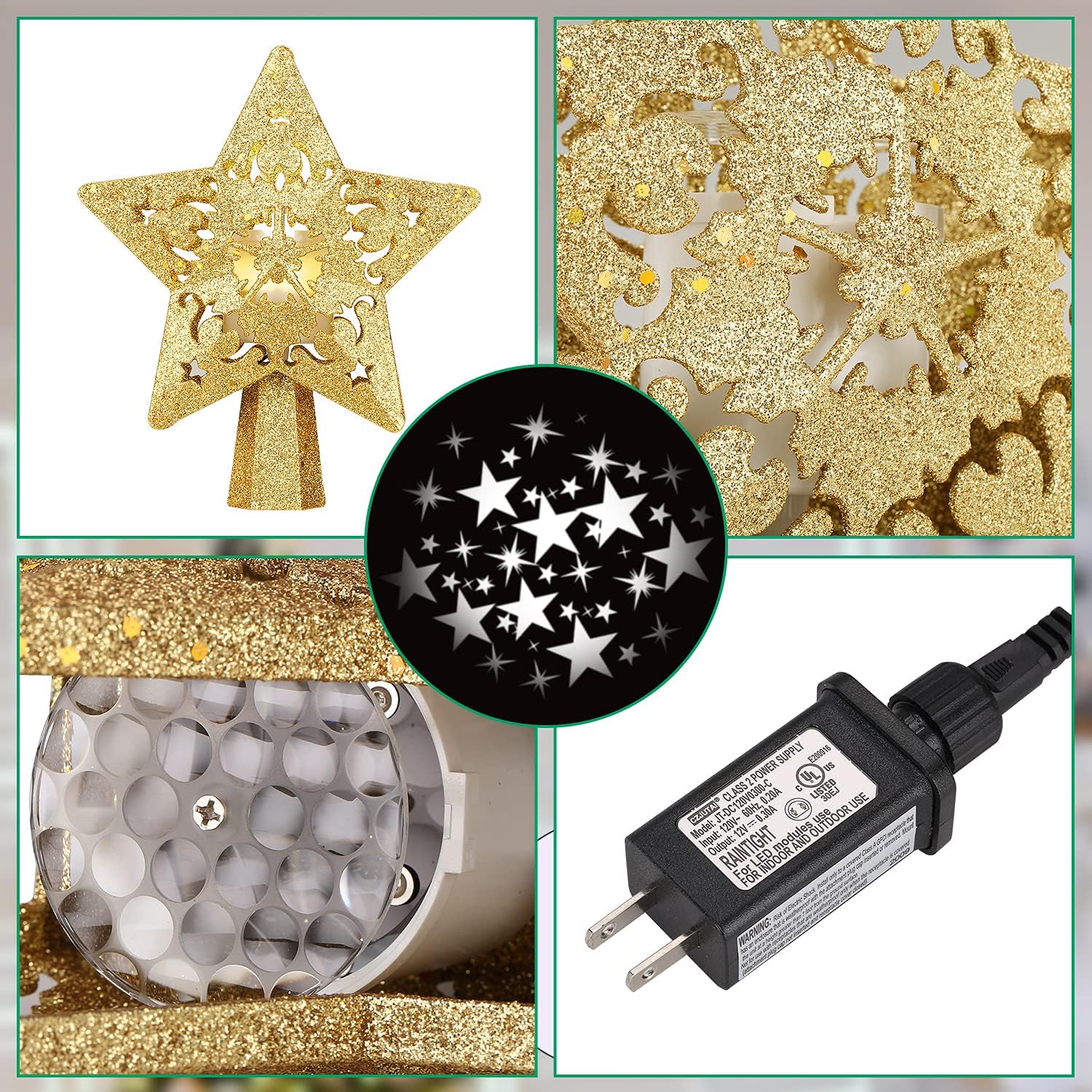 Decoración para árbol de Navidad, estrella iluminada con luz LED giratoria de estrella, estrella dorada con purpurina 3D, luces de proyector de