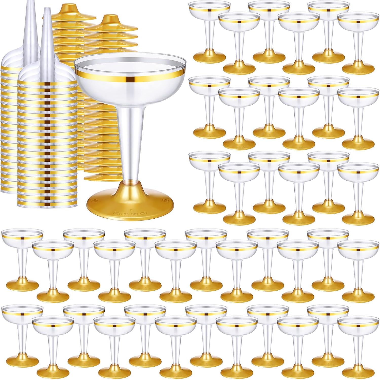 50 vasos de champán dorados de 4.5 onzas, vasos de cóctel de plástico transparente, desechables, Martini, champán, copas de champán irrompibles con