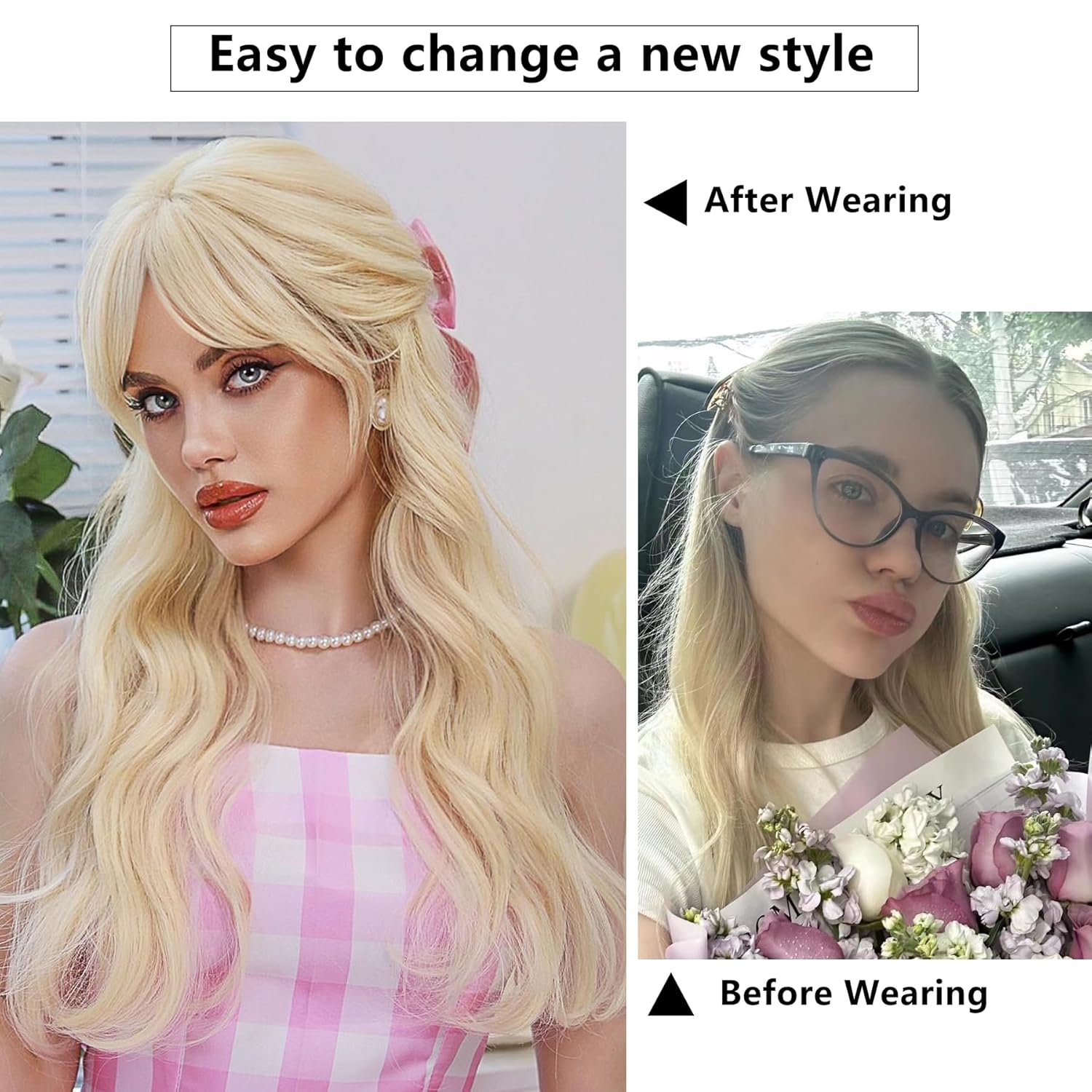 7JHH WIGS Peluca rubia larga ondulada de 24 pulgadas, fibra sintética resistente al calor, rizada, rubio platino, con flequillo, para mujeres,
