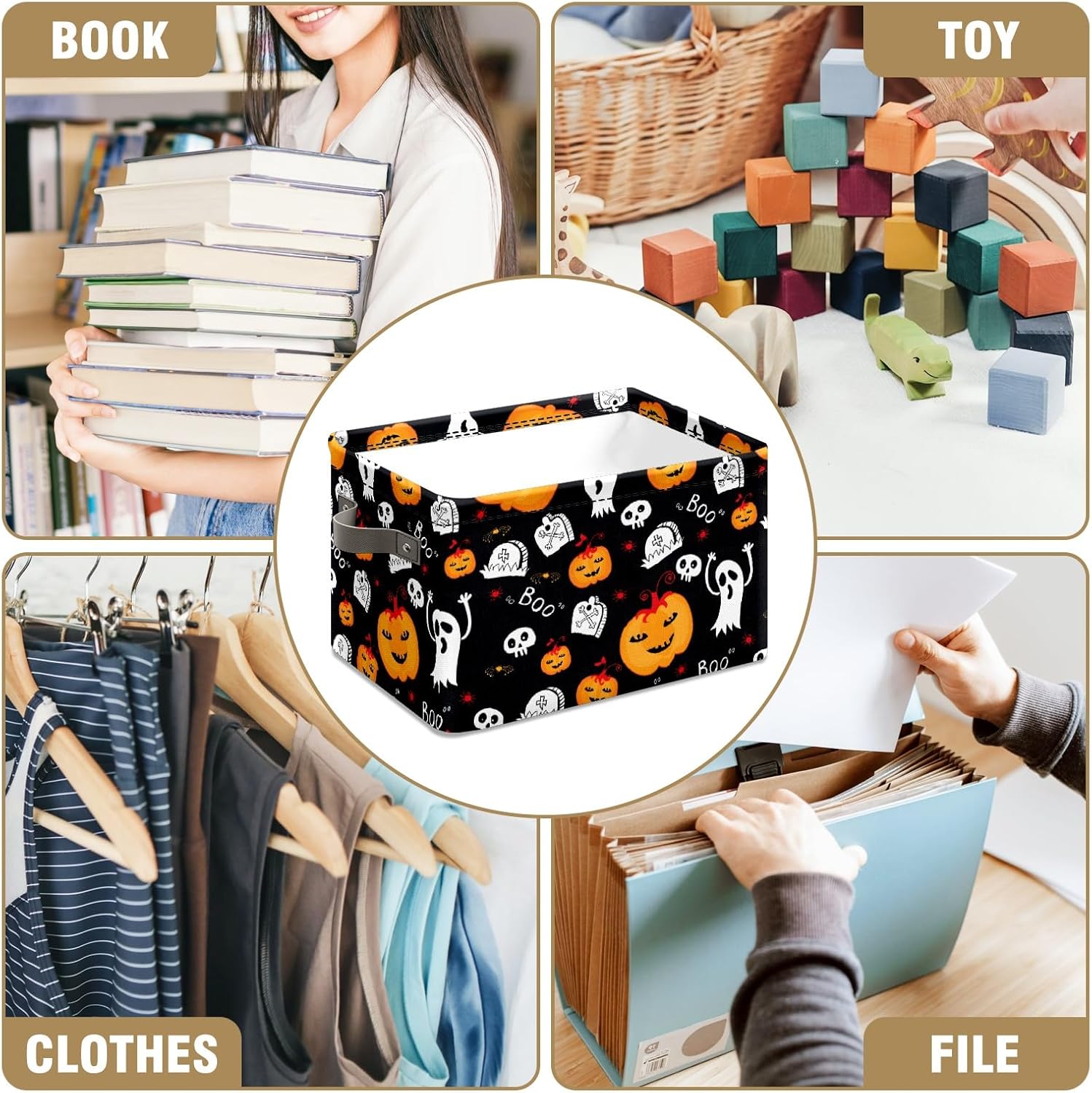 Boo Basket – Bolsas de calabaza con asas, organizador de tela decorativa, cajas de almacenamiento, cestas de Halloween para adultos