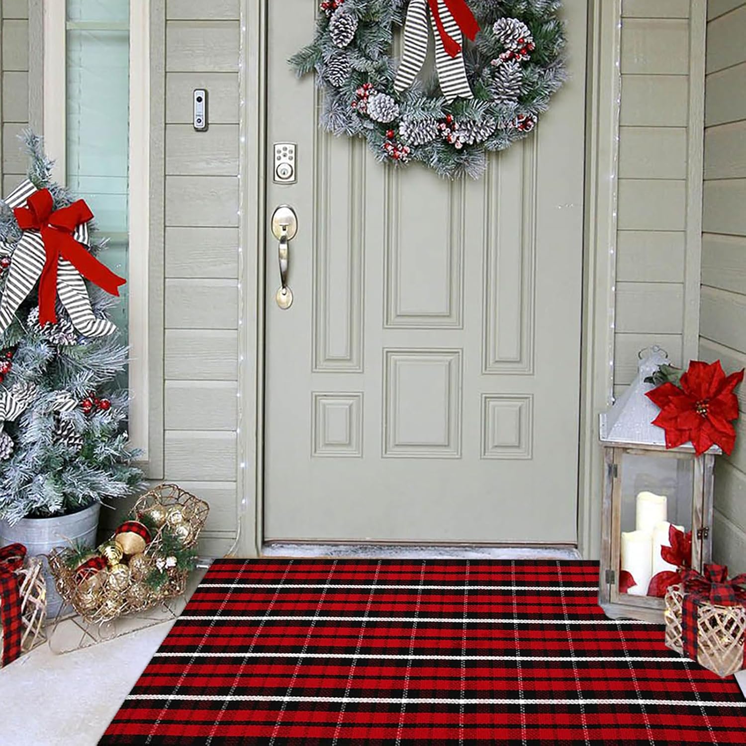 Alfombra de Navidad a cuadros para exteriores, 27.5 x 43 pulgadas, rojo y negro, alfombra de área para interiores y exteriores, alfombra de capas