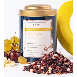 Taimei Teatime Cherry Banana – Té de hierbas de hojas sueltas, mezclas de té de frutas sin cafeína de Alemania con un toque tropical, lata de 4.23 Taimei Teatime Cherry Banana – Té de hierbas de hojas sueltas, mezclas de té de frutas sin cafeína de Alemania con un toque tropical, lata de 4.23