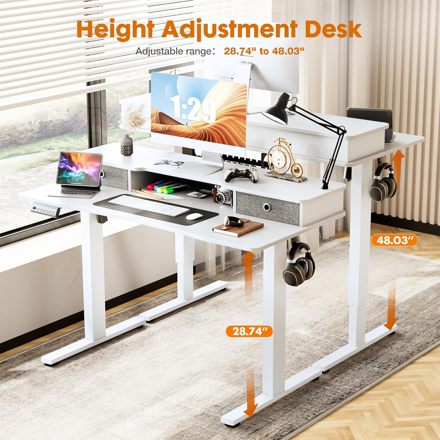 Sweetcrispy Escritorio eléctrico de pie ajustable en altura con estante de almacenamiento, cajón doble, escritorio de pie de 48 x 24 pulgadas,