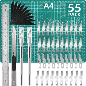 Exacto – Juego de cuchillos de corte para manualidades, 55 piezas de precisión para tallar artesanías, con alfombrilla autocurable A4, 3 cuchillos Exacto – Juego de cuchillos de corte para manualidades, 55 piezas de precisión para tallar artesanías, con alfombrilla autocurable A4, 3 cuchillos