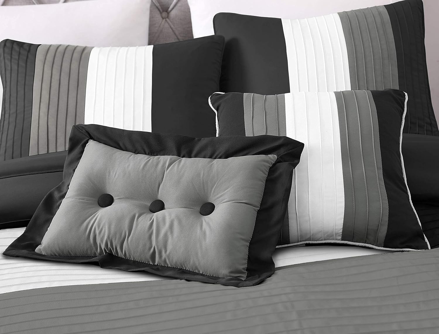 Chezmoi Collection Loft – Juego de edredón de lujo a rayas de 8 piezas (tamaño matrimonial, negrogrisblanco)