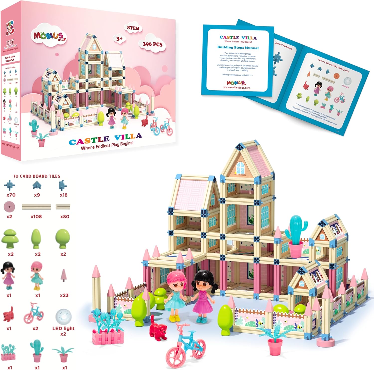 Juego de 396 piezas de juguetes de construcción de casas de muñecas 3D de castillo de princesa, juguetes de bloques de construcción STEM Montessori