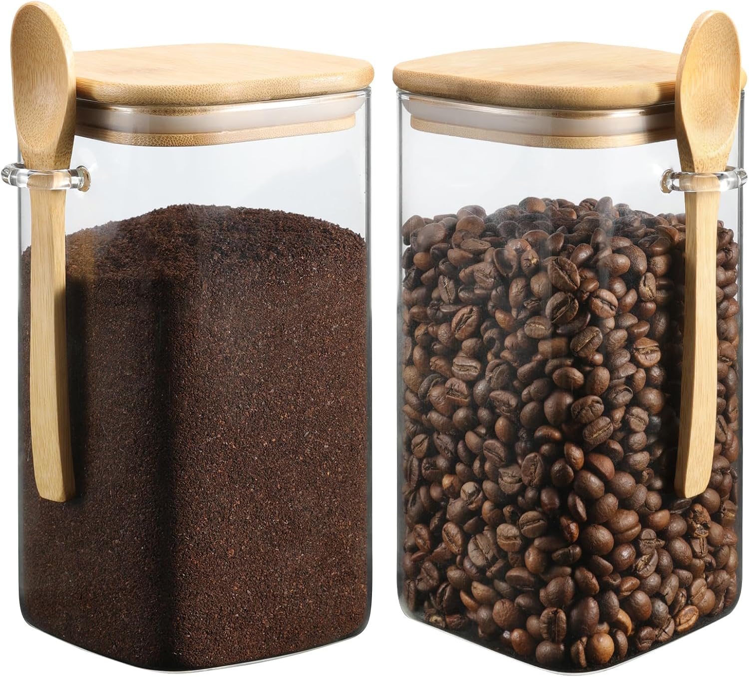 Tarro de almacenamiento cuadrado de vidrio con tapas de bambú, cucharas, recipiente de café de vidrio de 40 onzas (40.6 fl oz), recipiente de