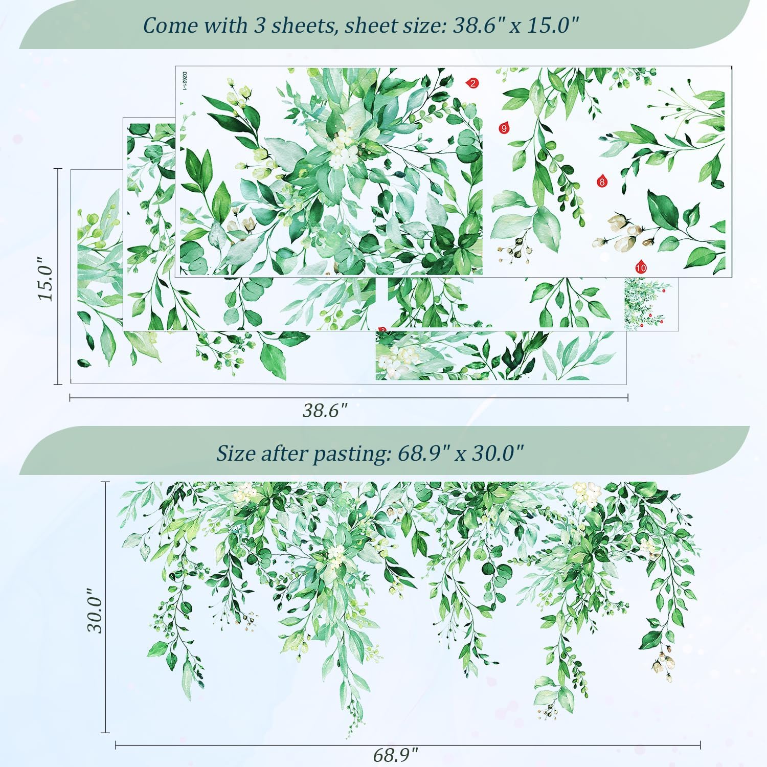 VePret Calcomanías de pared de hojas de plantas verde esmeralda, calcomanías de vinilo de flores grandes, calcomanías de pared de vid extraíbles,