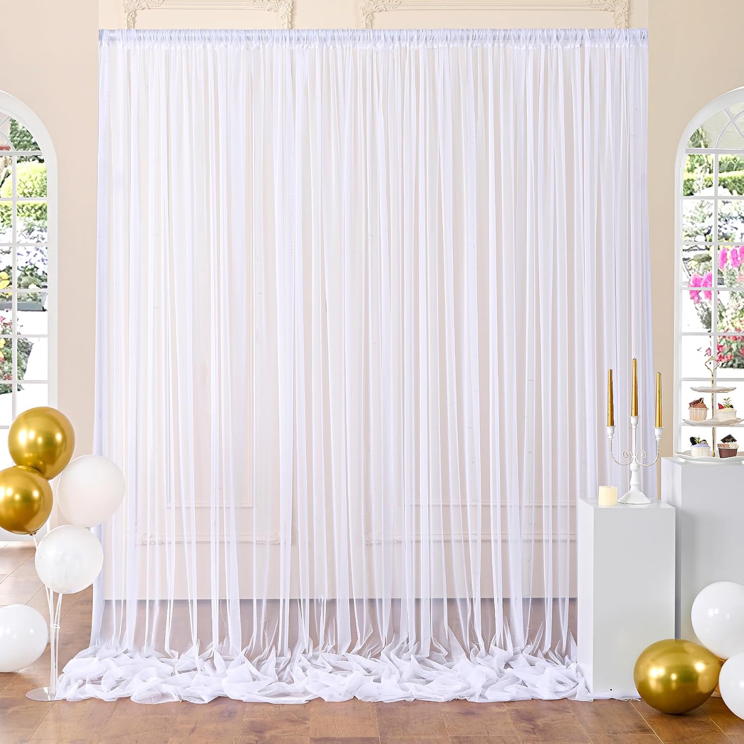 Cortinas de fondo blancas transparentes para bodas, elegantes cortinas de telón de fondo para baby shower, fiestas de 10 x 8 pies