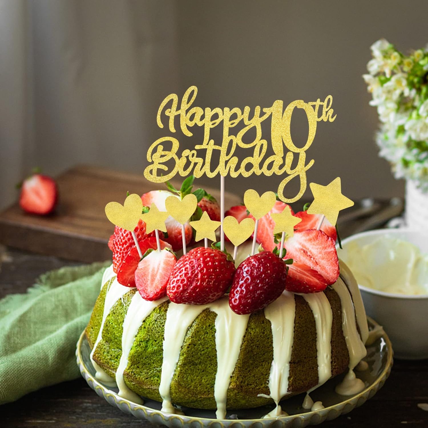 Paquete de 9 decoraciones para tartas de cumpleaños número 10 con purpurina de corazón y estrella para cupcakes, saludos a los 10 años de edad,