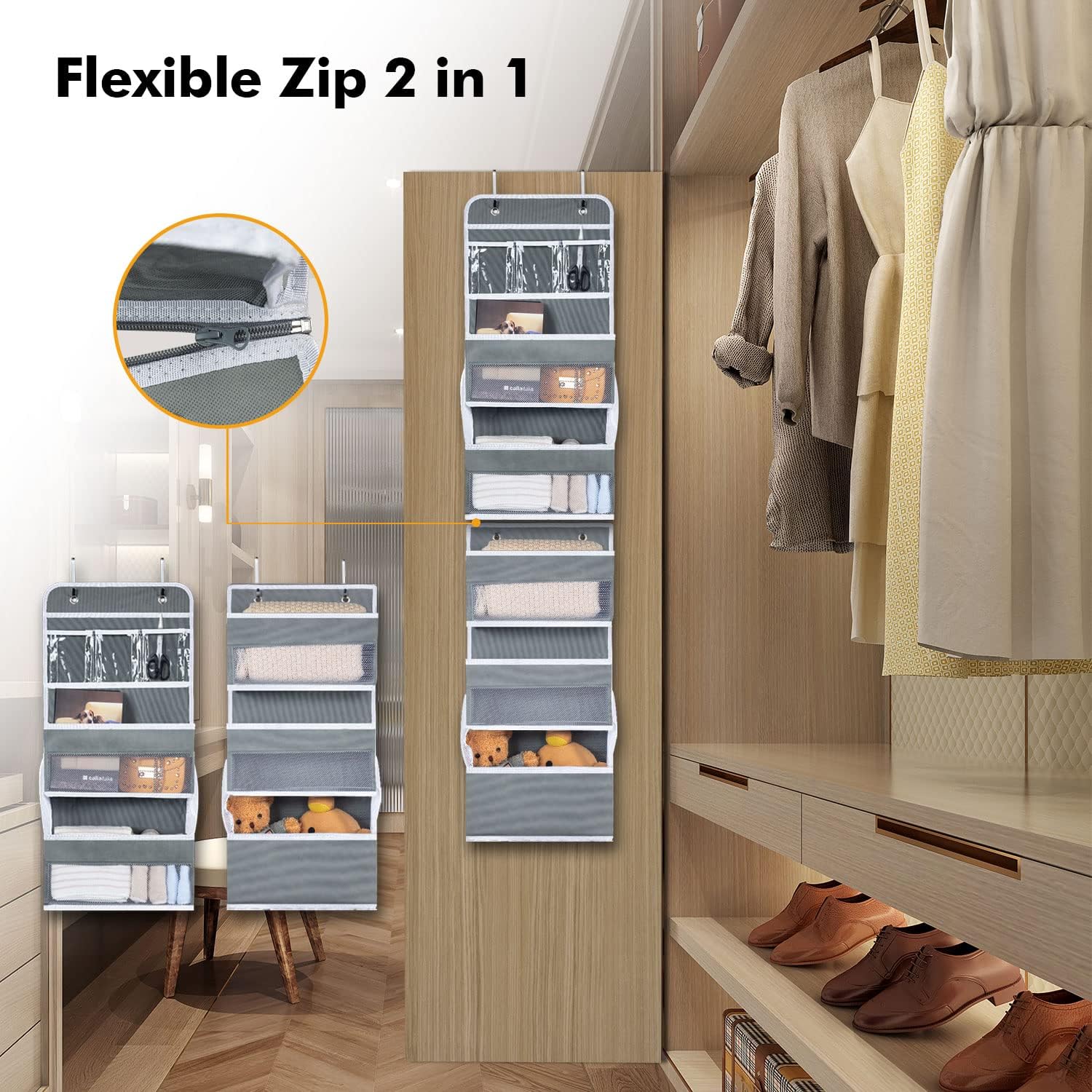 BrilliantJo 2 paquetes de 6 estantes organizadores sobre la puerta, flexible, 1 dividido en 2 (4 paquetes de 3 estantes), soporte de pared para