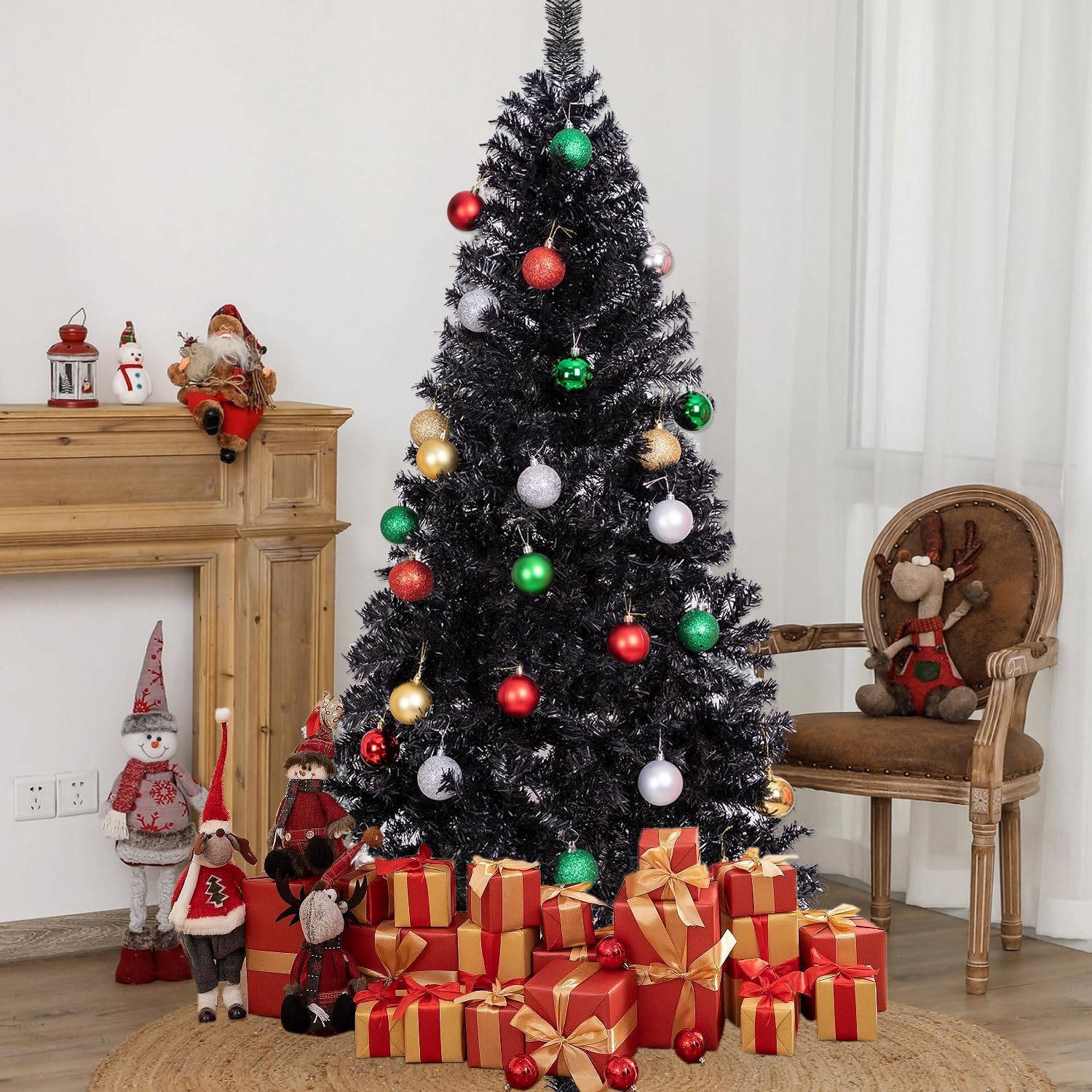 ALDRIMORE&LLY Árbol de Navidad artificial negro de 6 pies con 550 puntas de rama, decoración de Halloween y vacaciones para el hogar y la oficina