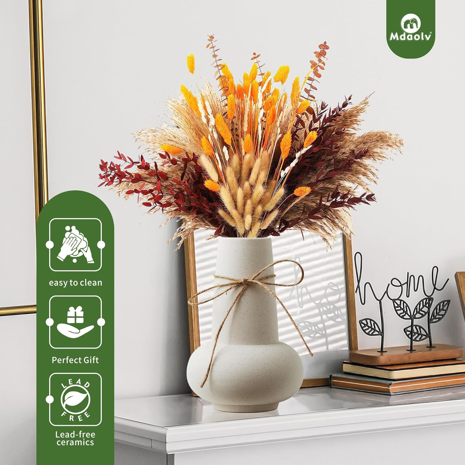 Mdaolv Jarrón de cerámica para plantas, jarrón de hierba de las pampas, jarrón blanco mate de 8 pulgadas de alto, florero bohemio para decoración