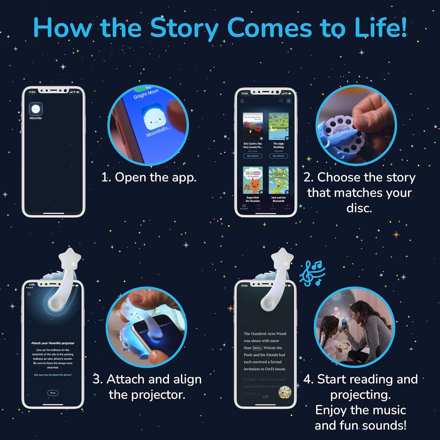 Moonlite Storytime Raya Storybook Reel, una forma mágica de leer juntos, historia digital para proyector, divertidos efectos de sonido, regalos de