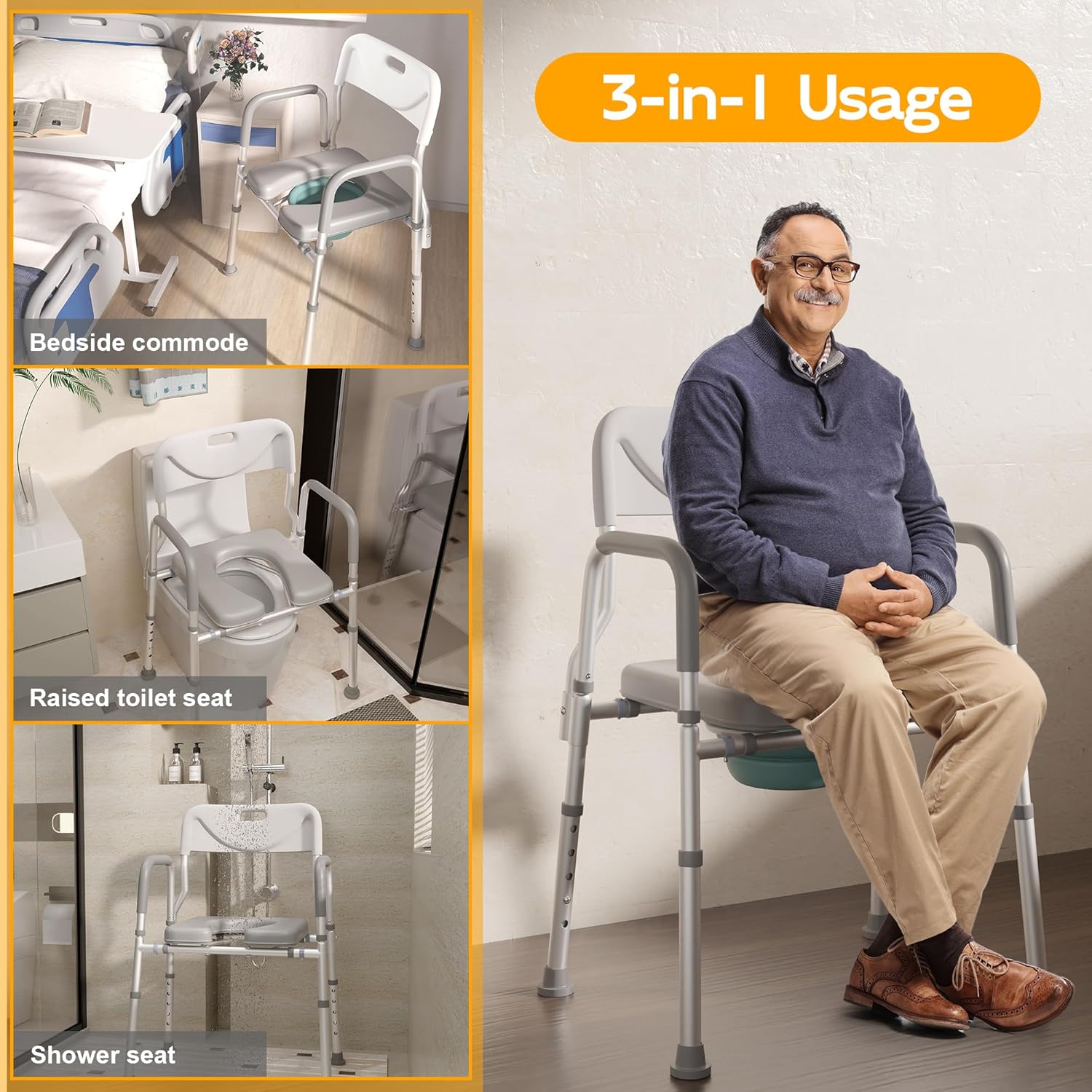 Xilingol Raised Toilet Seat with Handles and Back,350lb Bedside Commode Chair with Arms, 4-in-1 Adjustable and Portable Bathroom Chair for Adults,