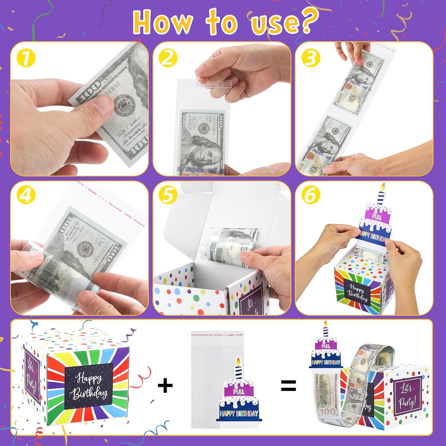 Meiidoshine Caja de dinero de cumpleaños para tirar de efectivo, cajas de regalo sorpresa para niños y adultos con tarjeta de feliz cumpleaños y 100
