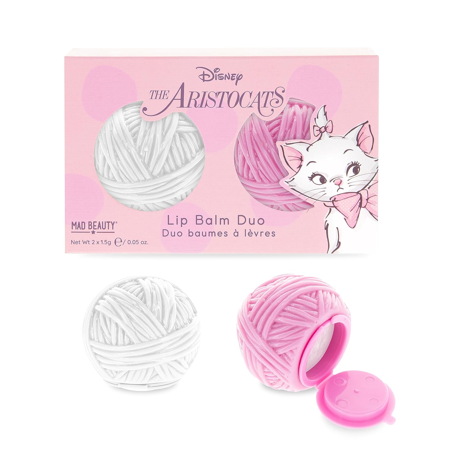 MAD BEAUTY Disney Marie Ball of Wool Lip Balm Duo hidrata e hidrata para labios suaves y frescos, gran regalo, adorable, fresa y vainilla