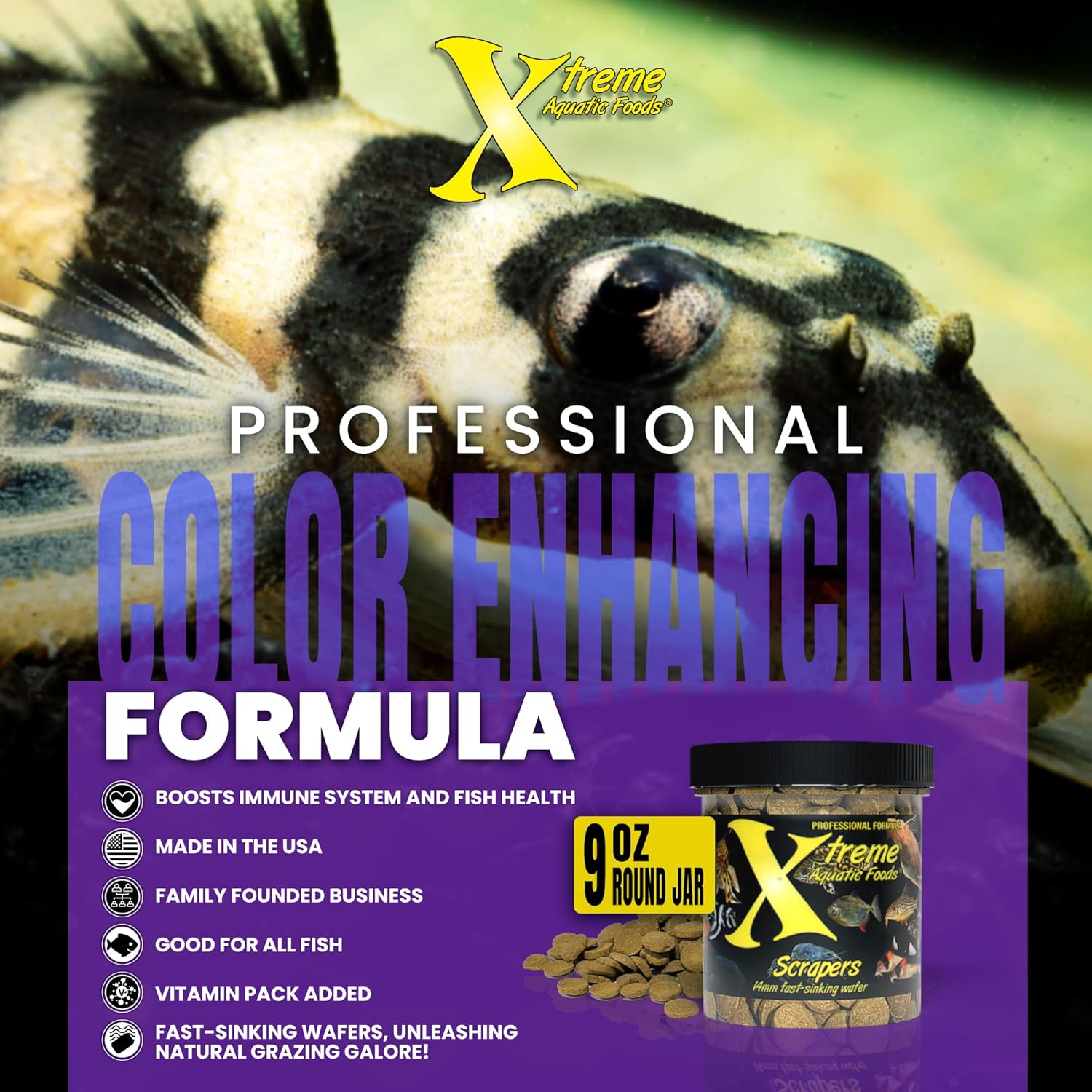 Xtreme Scrapers Wafers – Premium 14mm Fast-Sinking Fish Food  Nutrient & Cellulose Rich Ideal for Nocturnal Feeders, Catfish, Plecostomus Species,