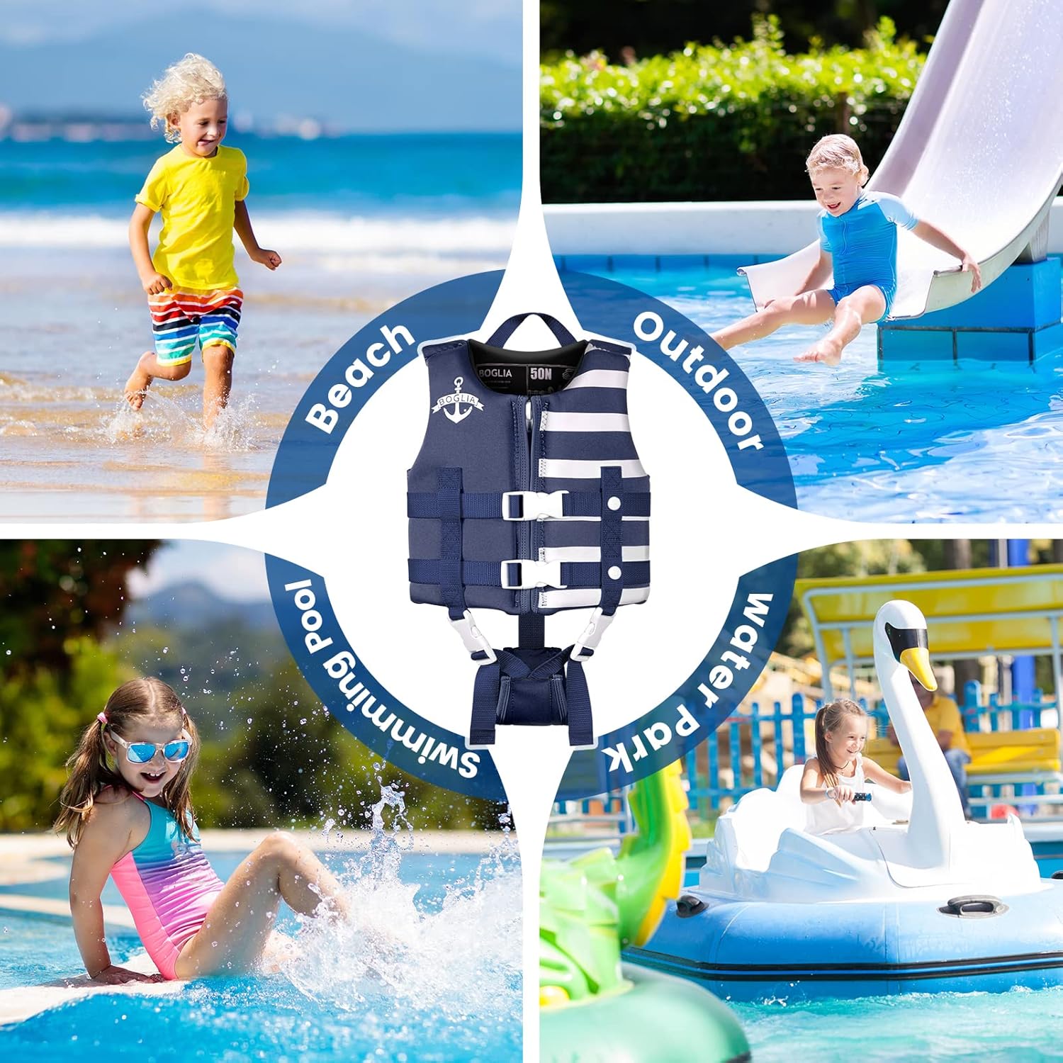 Boglia Chaleco de natación para niños pequeños con correa de seguridad ajustable para aprender a nadar, niños de 1 a 9 años, 24 a 75 libras