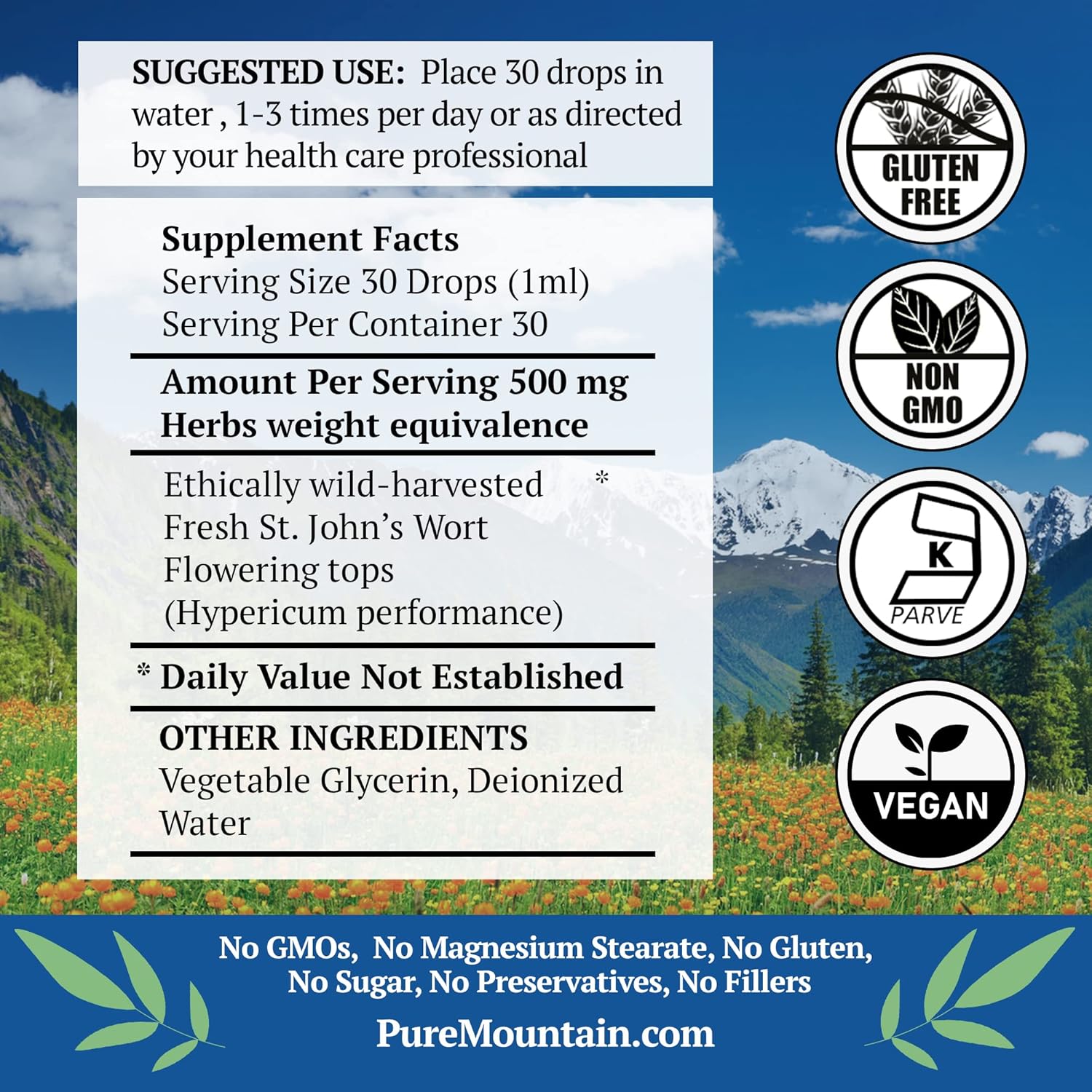 Pure Mountain Botanicals St Johns Wort Tintura – Extracto líquido kosher de hierba de San Juan sin alcohol, 500 mg – Botella de 1 oz