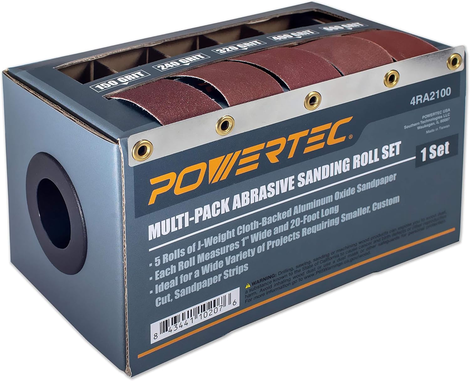 POWERTEC 4RA2100 – Rollos de lijado abrasivos en caja para automocióncarpintería, caja dispensadora de papel de lija con 5 rollos para lijar,