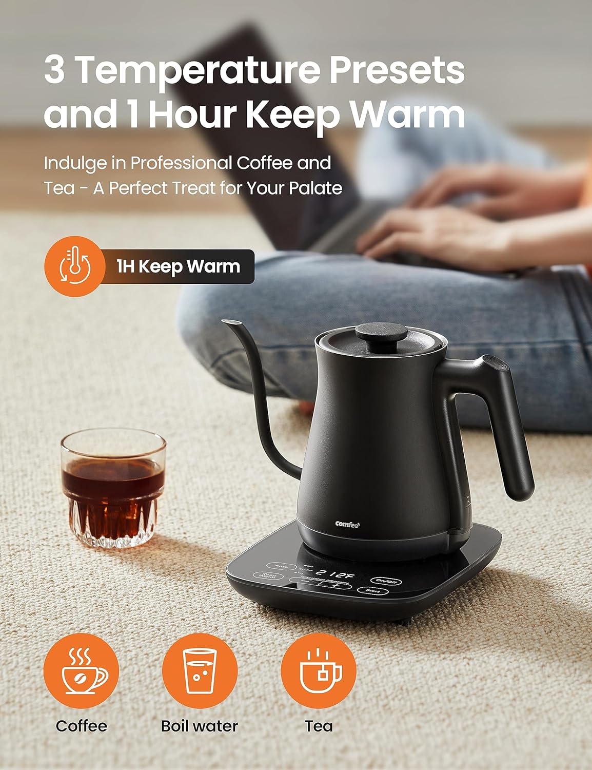 COMFEE’ Hervidor eléctrico de cuello de cisne con control de temperatura, 3 ajustes preestablecidos variables, 100% acero inoxidable, 1500 W,